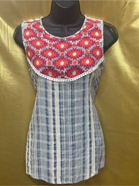 L Love Boutique Striped Tunic M Boho Embroidered Pom Pom Tank